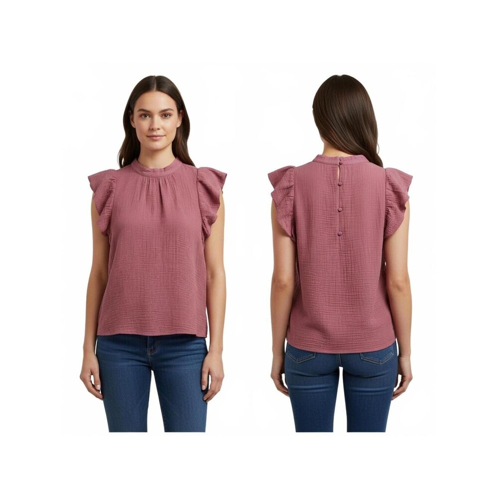 Ruffle Sleeve Top Mock Neck Blouse Textured Mauve Pink Size M